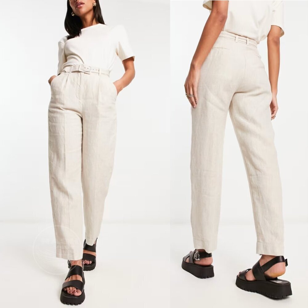 & Other Stories Linen Blend Belted Pants | Size 4 Tailored Beige NWOT, New